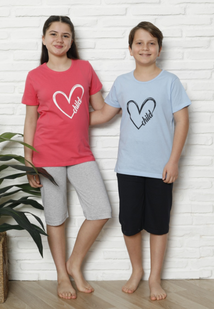 Pijama Copii cu maneca scurta si pantalon 3/4, culoare Coral si Albastru deschis,Engros